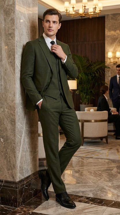 Mens Military Green 3-Piece Suit – Slim Fit Wedding, Business & Formal Suit with Vested Set