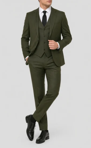 Mens Military Green 3-Piece Suit – Slim Fit Wedding, Business & Formal Suit with Vested Set