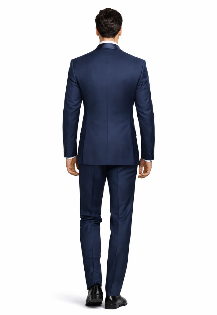 Mens Navy Blue Tuxedo with Satin Peak Lapel with navy sateen   3 Piece Formal Suit with Vest and Bow Tie