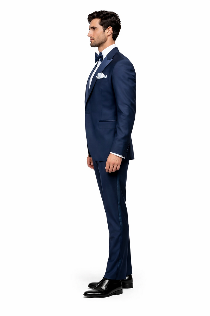 Mens Navy Blue Tuxedo with Satin Peak Lapel with navy sateen   3 Piece Formal Suit with Vest and Bow Tie