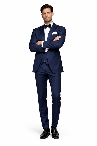 Mens Navy Blue Tuxedo with Satin Peak Lapel with navy sateen   3 Piece Formal Suit with Vest and Bow Tie