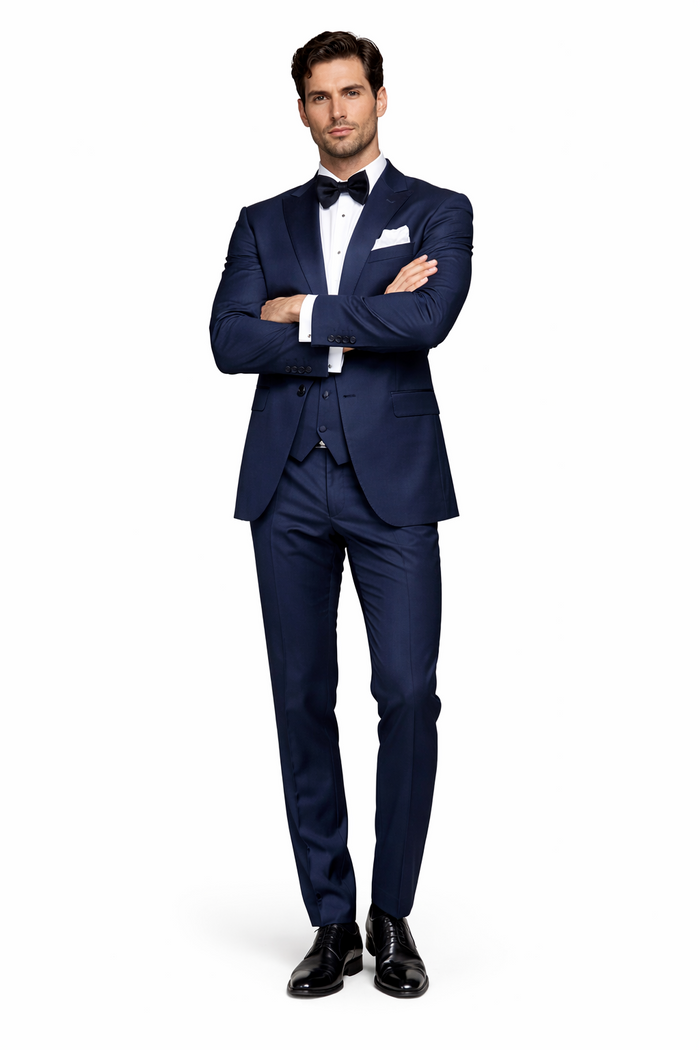 Mens Navy Blue Tuxedo with Satin Peak Lapel with navy sateen   3 Piece Formal Suit with Vest and Bow Tie