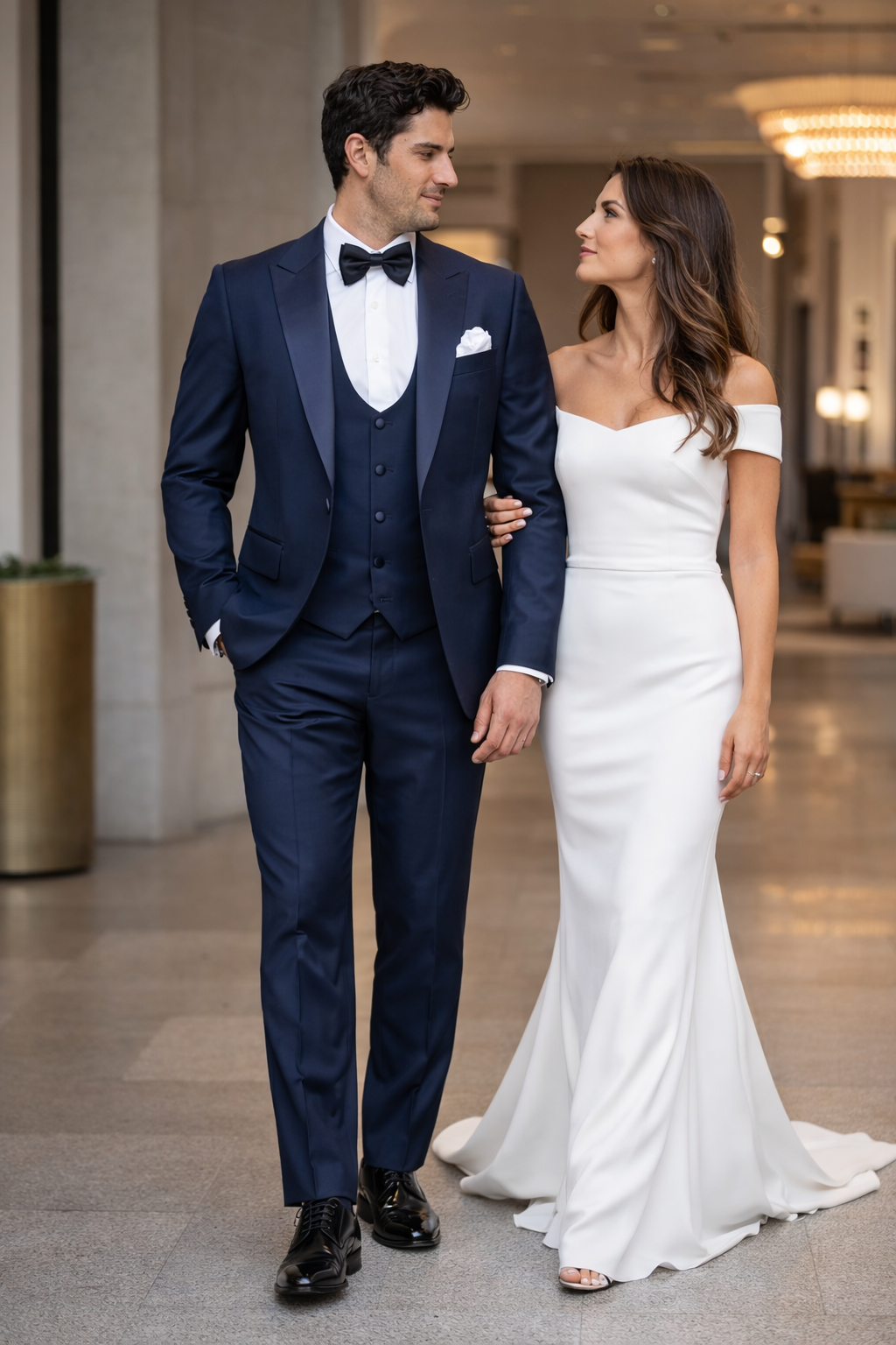 Mens Navy Blue Tuxedo with Satin Peak Lapel with navy sateen   3 Piece Formal Suit with Vest and Bow Tie