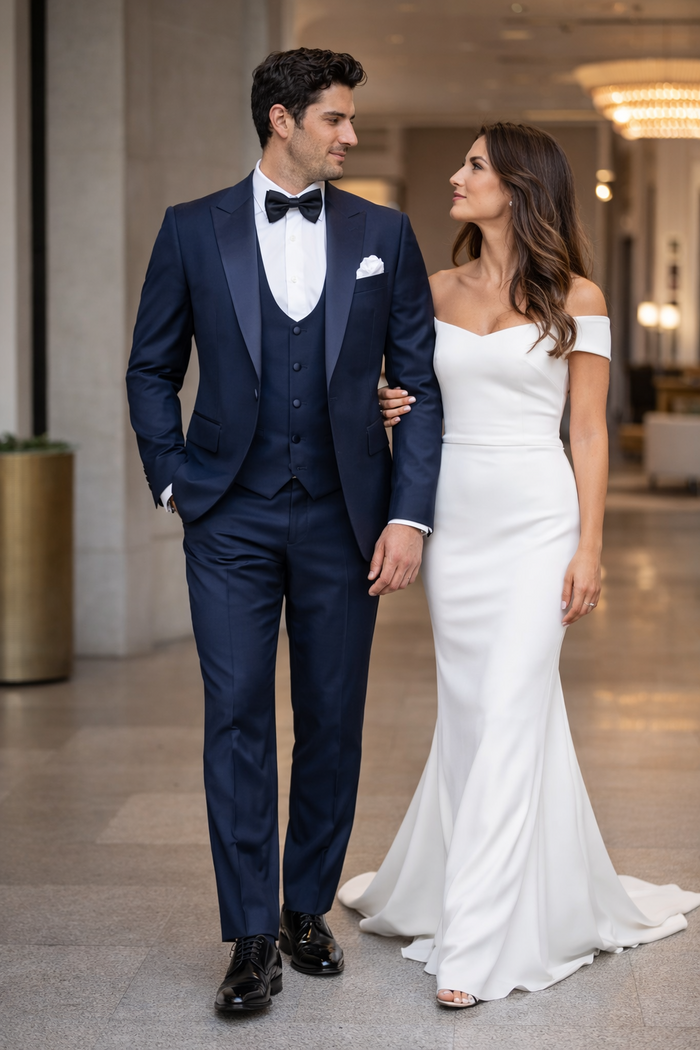 Mens Navy Blue Tuxedo with Satin Peak Lapel with navy sateen   3 Piece Formal Suit with Vest and Bow Tie