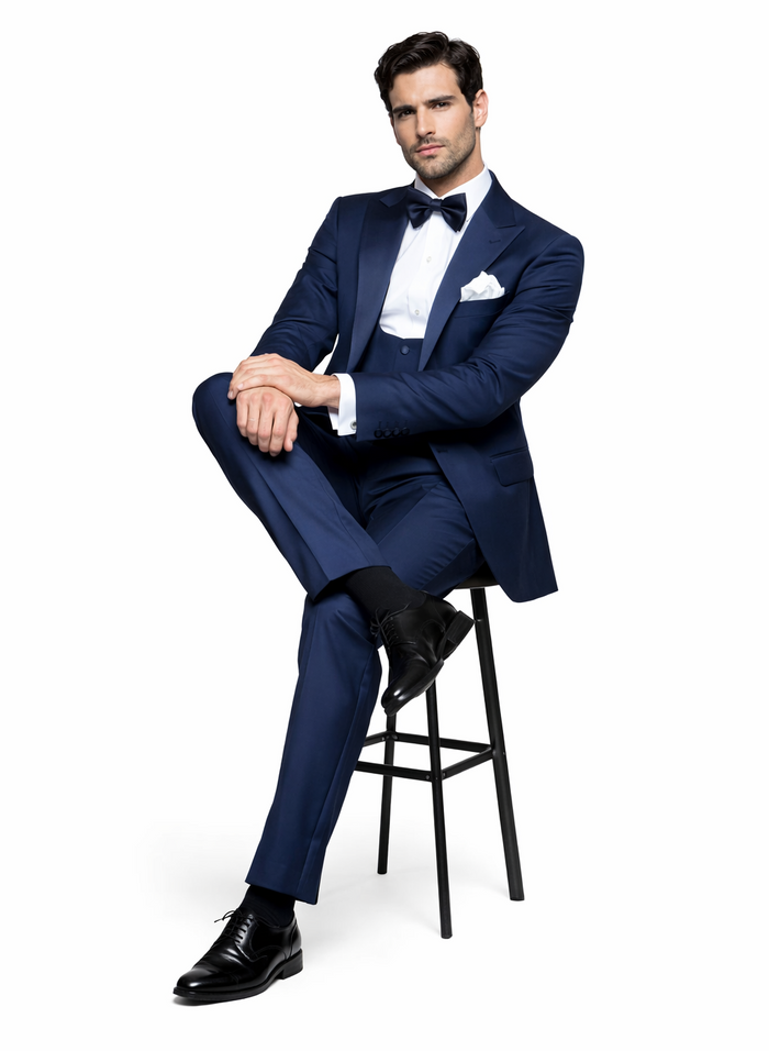 Mens Navy Blue Tuxedo with Satin Peak Lapel with navy sateen   3 Piece Formal Suit with Vest and Bow Tie