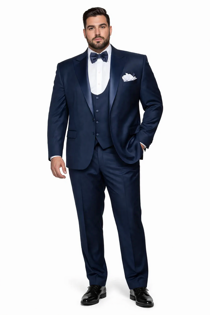 Mens Navy Blue Tuxedo with Satin Peak Lapel with navy sateen   3 Piece Formal Suit with Vest and Bow Tie