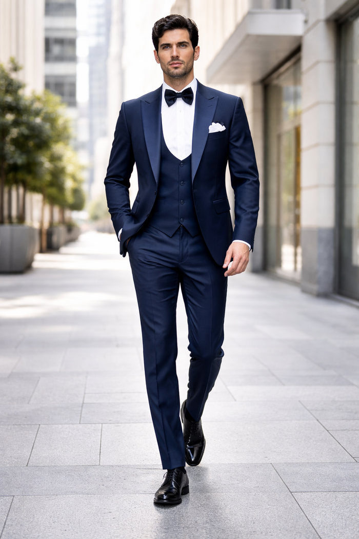 Mens Navy Blue Tuxedo with Satin Peak Lapel with navy sateen   3 Piece Formal Suit with Vest and Bow Tie