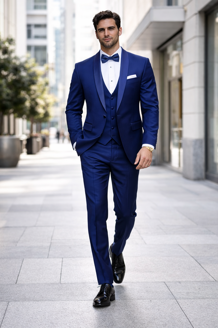 Men's 1 Button Shawl Lapel Vested Wool Wedding - Prom Tuxedo in Bright Sapphire Blue - Men's Slim Fitted Tuxedo