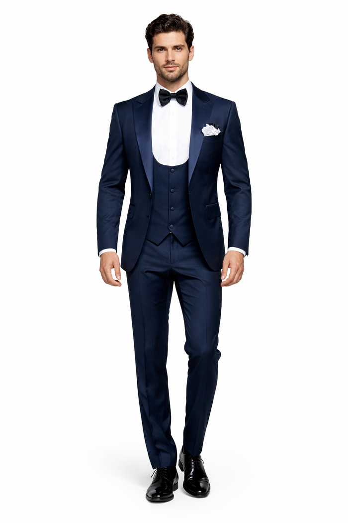 Mens Navy Blue Tuxedo with Satin Peak Lapel with navy sateen   3 Piece Formal Suit with Vest and Bow Tie