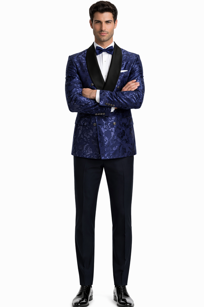 Mens Navy Floral Jacquard Tuxedo Jacket  Double Breasted Blazer with Black Shawl Lapel