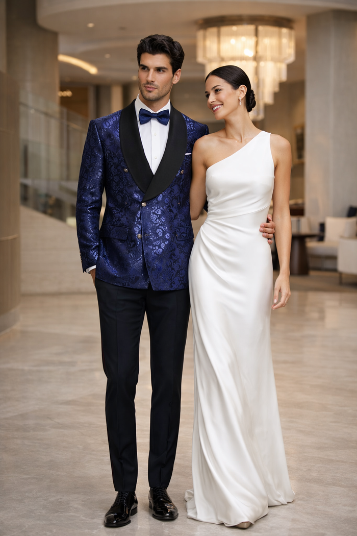 Mens Navy Floral Jacquard Tuxedo Jacket  Double Breasted Blazer with Black Shawl Lapel