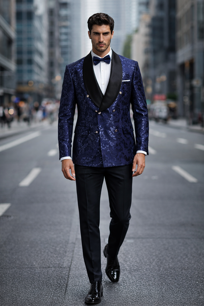 Mens Navy Floral Jacquard Tuxedo Jacket  Double Breasted Blazer with Black Shawl Lapel
