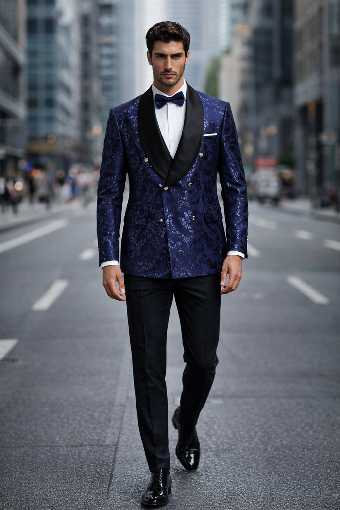 Mens Navy Floral Jacquard Tuxedo Jacket  Double Breasted Blazer with Black Shawl Lapel