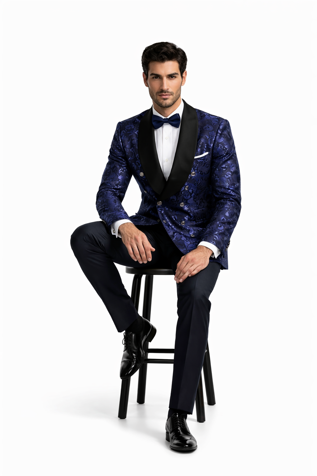 Mens Navy Floral Jacquard Tuxedo Jacket  Double Breasted Blazer with Black Shawl Lapel