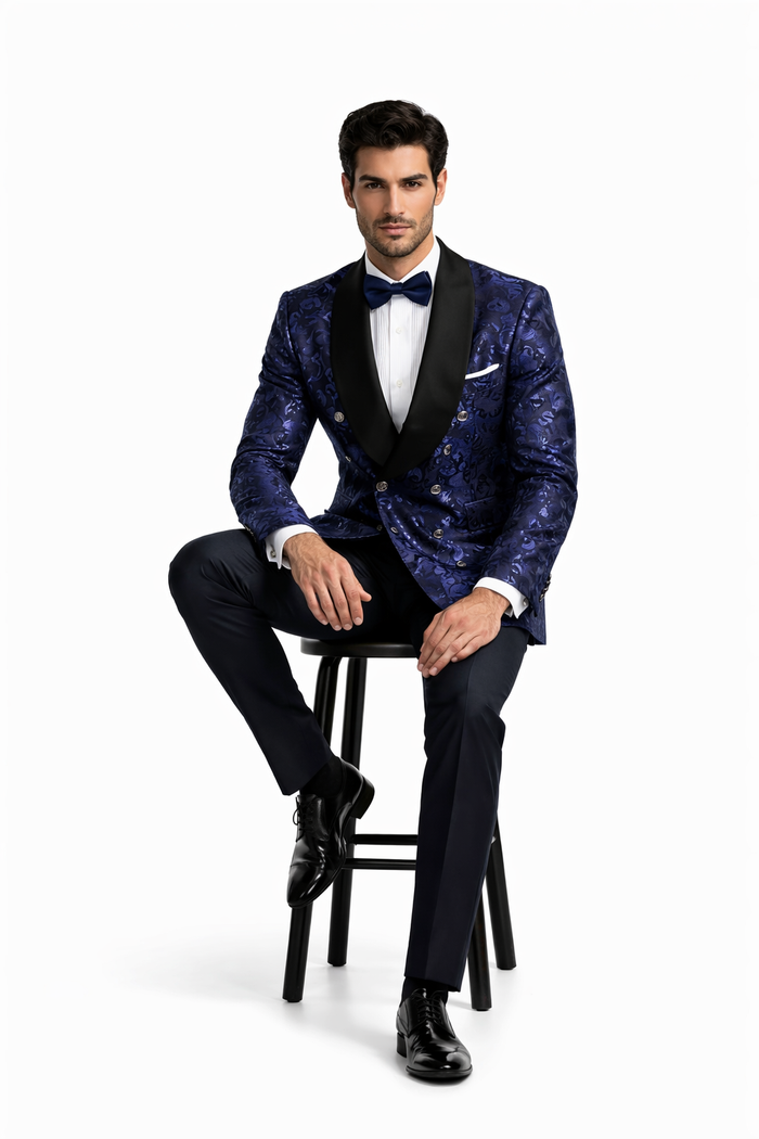 Mens Navy Floral Jacquard Tuxedo Jacket  Double Breasted Blazer with Black Shawl Lapel