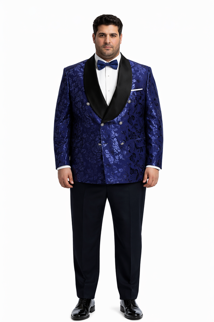 Mens Navy Floral Jacquard Tuxedo Jacket  Double Breasted Blazer with Black Shawl Lapel