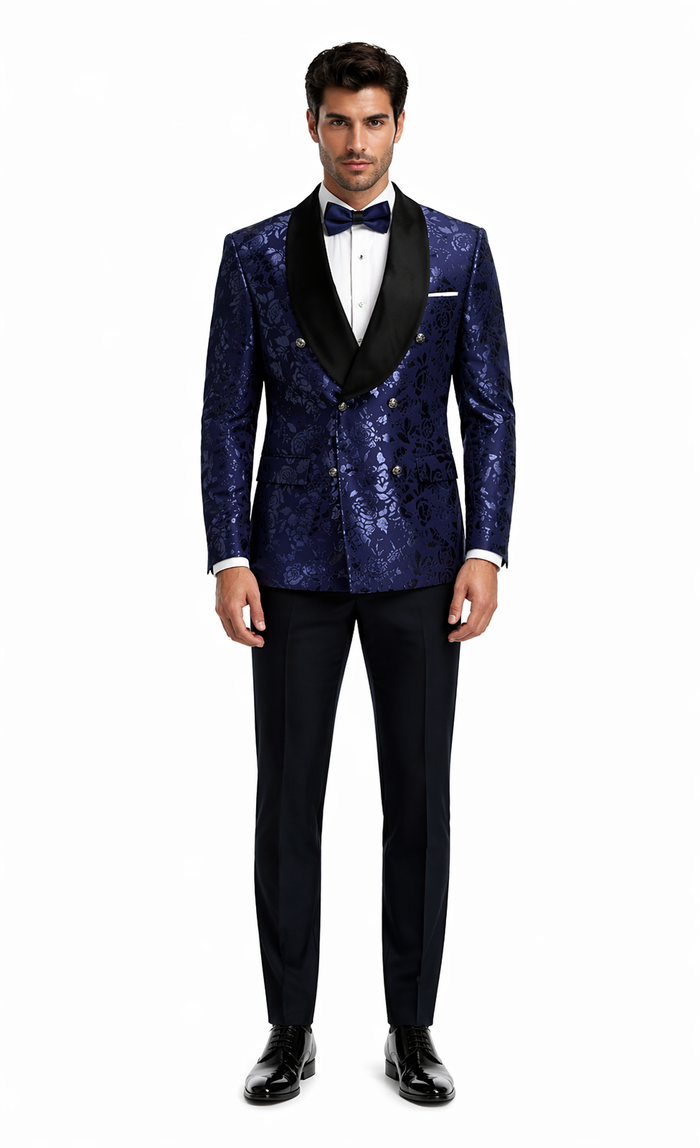 Mens Navy Floral Jacquard Tuxedo Jacket  Double Breasted Blazer with Black Shawl Lapel