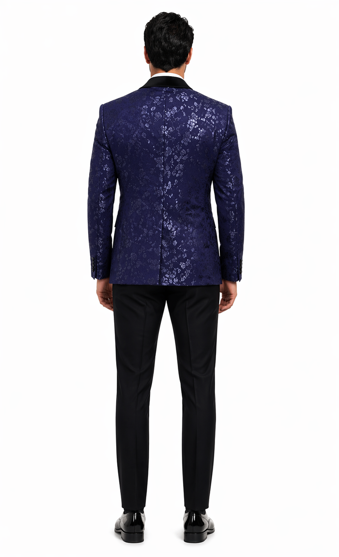 Mens Navy Floral Jacquard Tuxedo Jacket  Double Breasted Blazer with Black Shawl Lapel