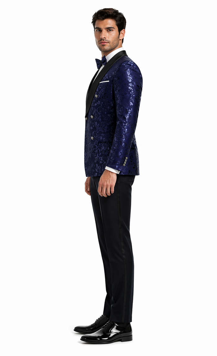 Mens Navy Floral Jacquard Tuxedo Jacket  Double Breasted Blazer with Black Shawl Lapel