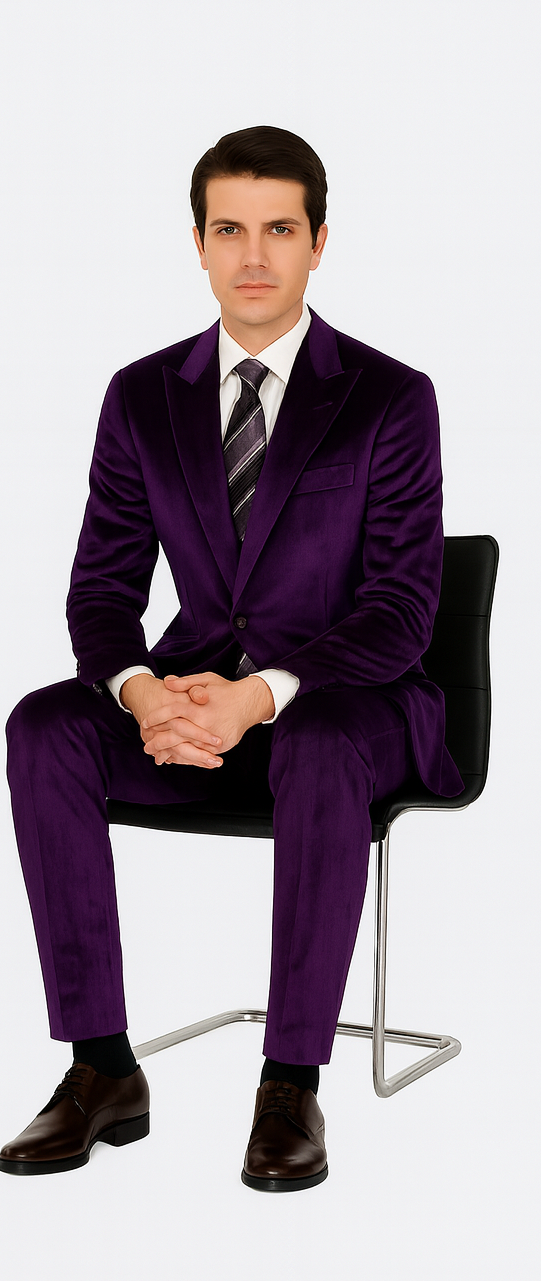 Mens Purple Velvet Suit  Tazzio 2-Piece Slim Fit Tuxedo Style Blazer and Pants Set