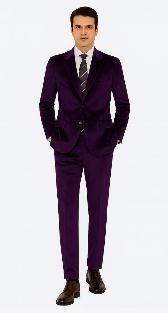 Mens Purple Velvet Suit  Tazzio 2-Piece Slim Fit Tuxedo Style Blazer and Pants Set
