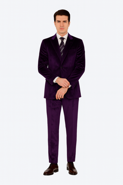 Mens Purple Velvet Suit  Tazzio 2-Piece Slim Fit Tuxedo Style Blazer and Pants Set