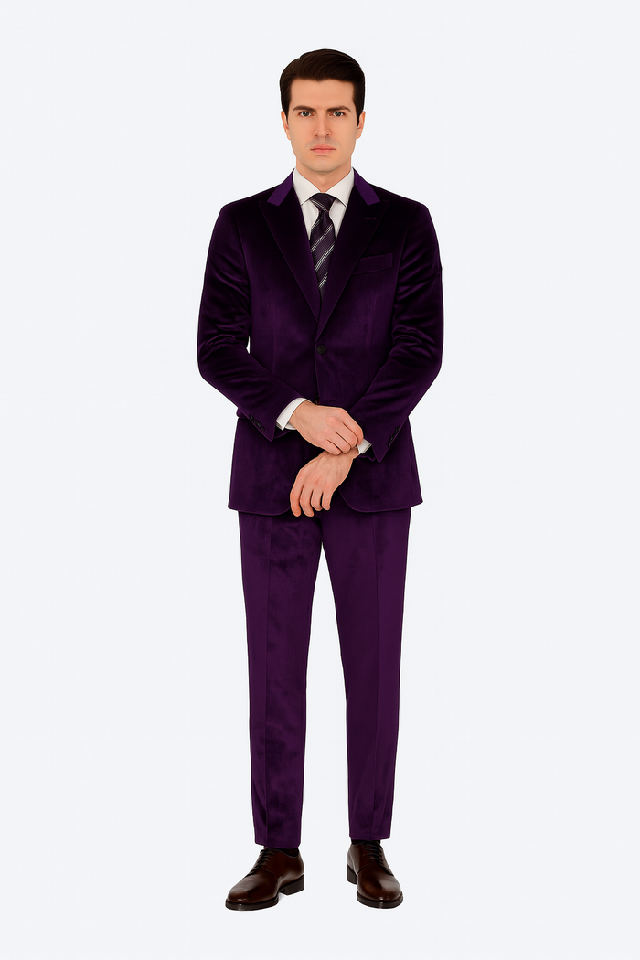Mens Purple Velvet Suit  Tazzio 2-Piece Slim Fit Tuxedo Style Blazer and Pants Set