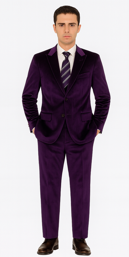 Mens Purple Velvet Suit  Tazzio 2-Piece Slim Fit Tuxedo Style Blazer and Pants Set