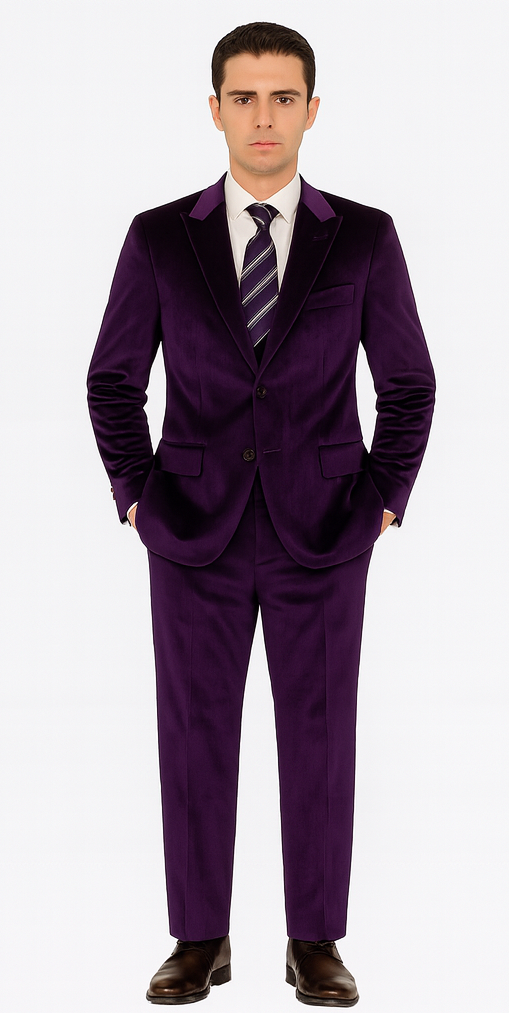 Mens Purple Velvet Suit  Tazzio 2-Piece Slim Fit Tuxedo Style Blazer and Pants Set