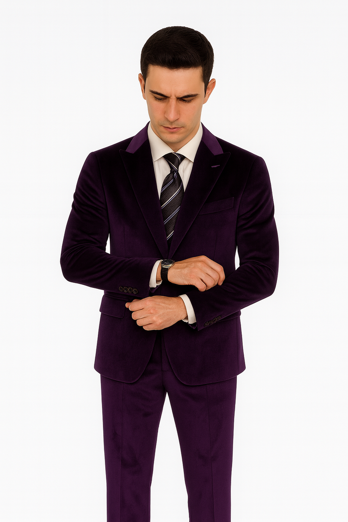 Mens Purple Velvet Suit  Tazzio 2-Piece Slim Fit Tuxedo Style Blazer and Pants Set