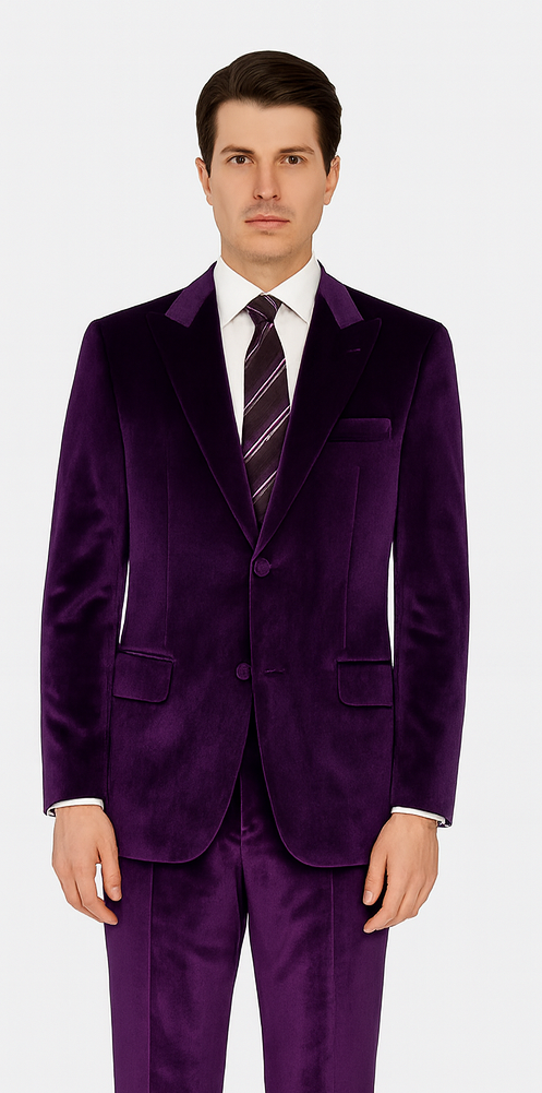 Mens Purple Velvet Suit  Tazzio 2-Piece Slim Fit Tuxedo Style Blazer and Pants Set