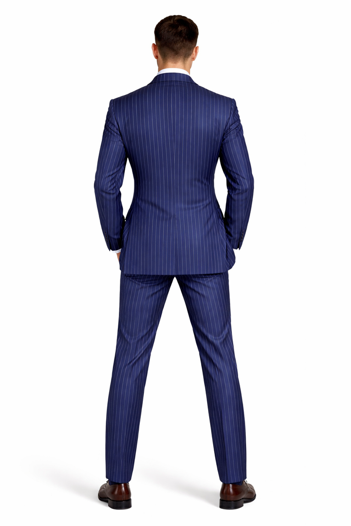 Men’s Royal Blue Pinstripe Three Piece Suit – Classic Formal 3PC Business and Wedding Suit Indigo Teal Saphire Pinstripe