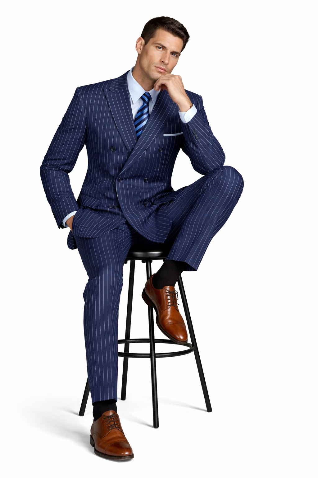 Men’s Royal Blue Pinstripe Three Piece Suit – Classic Formal 3PC Business and Wedding Suit Indigo Teal Saphire Pinstripe