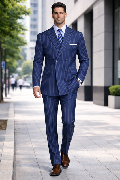 Men’s Royal Blue Pinstripe Three Piece Suit – Classic Formal 3PC Business and Wedding Suit Indigo Teal Saphire Pinstripe