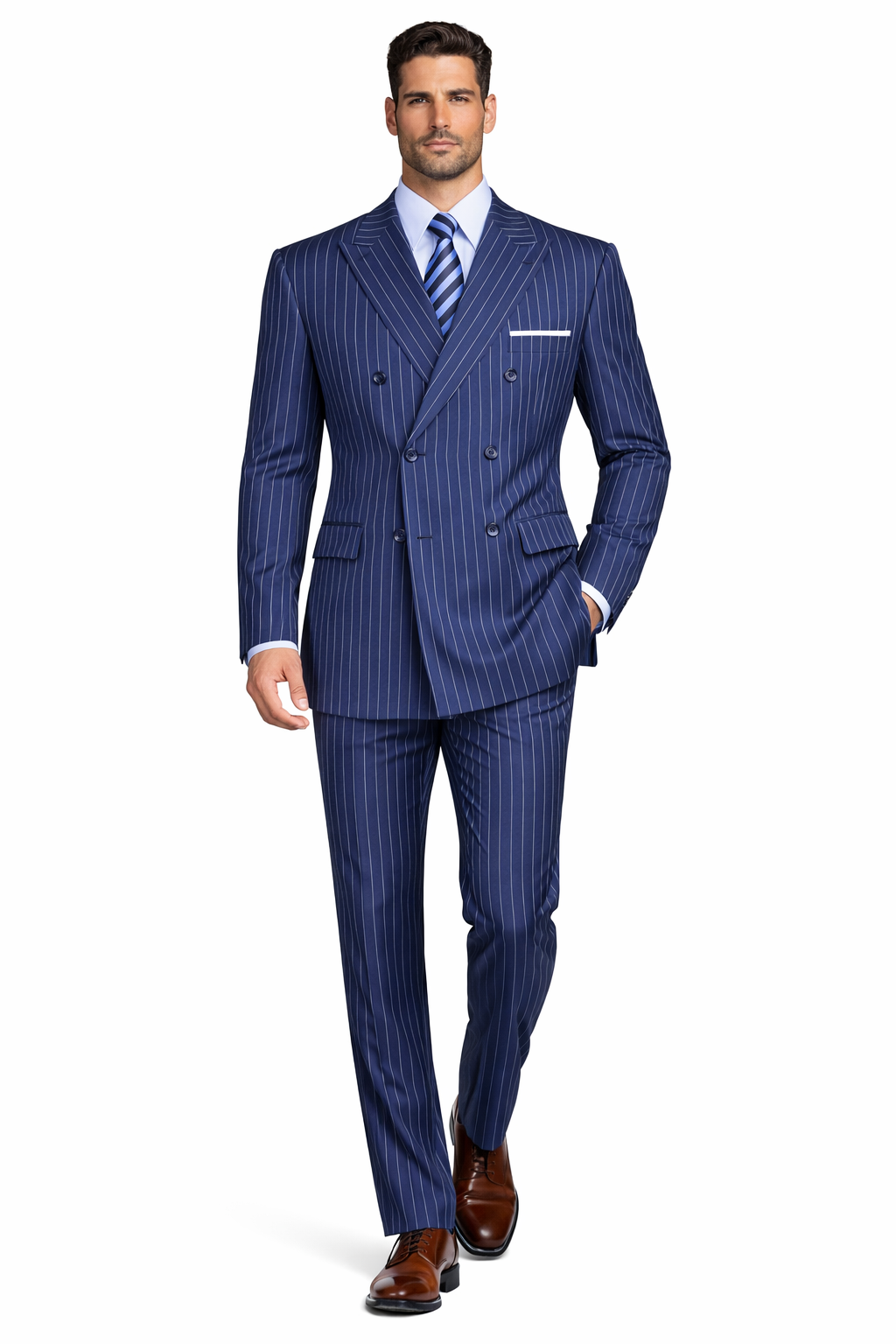 Men’s Royal Blue Pinstripe Three Piece Suit – Classic Formal 3PC Business and Wedding Suit Indigo Teal Saphire Pinstripe