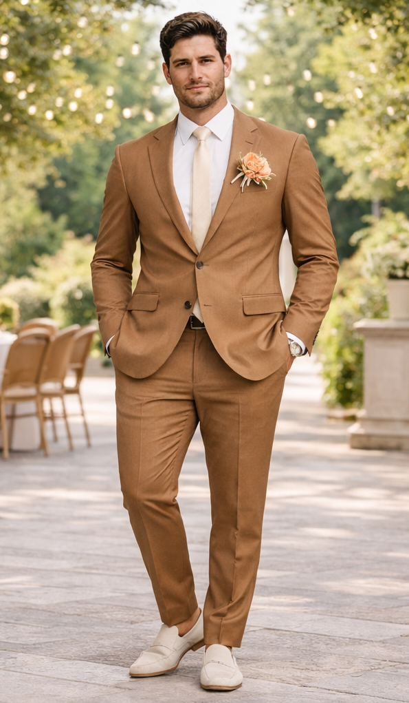 Mens Rust Brown Wedding Suit Modern Slim Fit Groom Suit for Fall Outdoor Ceremonies