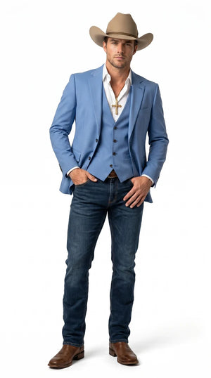 Mens Steel Blue Denim Color Western Blazer - Cowboy Jacket Country Look Matching Vest 2 Button Sport Coat