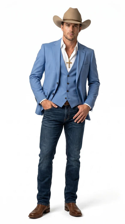 Mens Steel Blue Denim Color Western Blazer - Cowboy Jacket Country Look Matching Vest 2 Button Sport Coat