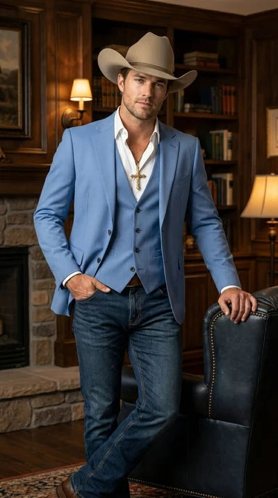 Mens Steel Blue Denim Color Western Blazer - Cowboy Jacket Country Look Matching Vest 2 Button Sport Coat