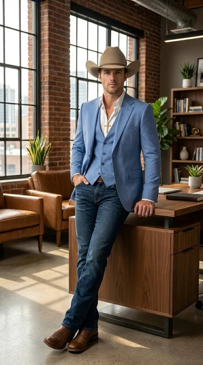 Mens Steel Blue Denim Color Western Blazer - Cowboy Jacket Country Look Matching Vest 2 Button Sport Coat