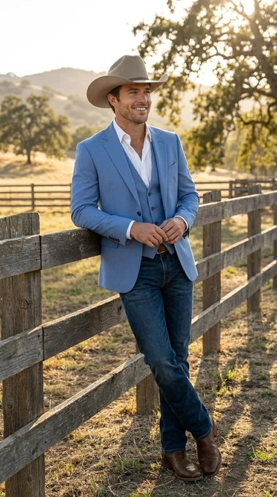Mens Steel Blue Denim Color Western Blazer - Cowboy Jacket Country Look Matching Vest 2 Button Sport Coat