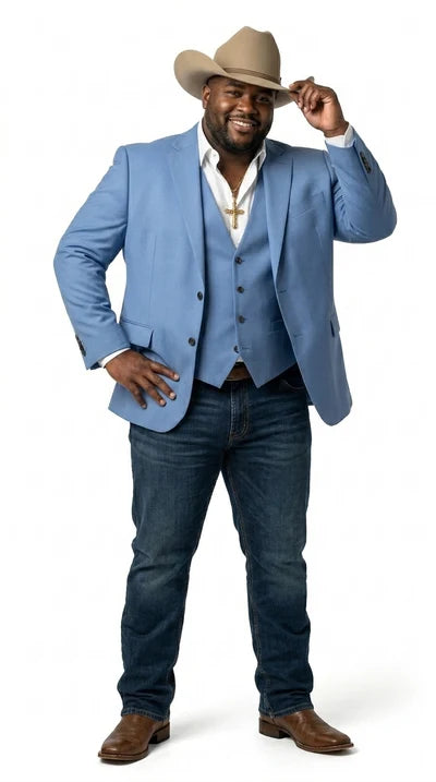Mens Steel Blue Denim Color Western Blazer - Cowboy Jacket Country Look Matching Vest 2 Button Sport Coat