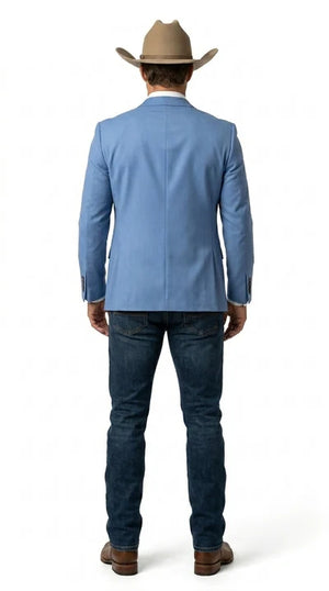 Mens Steel Blue Denim Color Western Blazer - Cowboy Jacket Country Look Matching Vest 2 Button Sport Coat