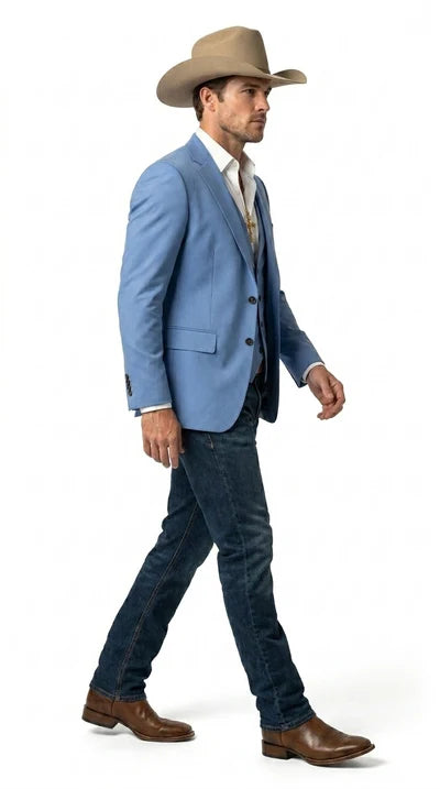 Mens Steel Blue Denim Color Western Blazer - Cowboy Jacket Country Look Matching Vest 2 Button Sport Coat