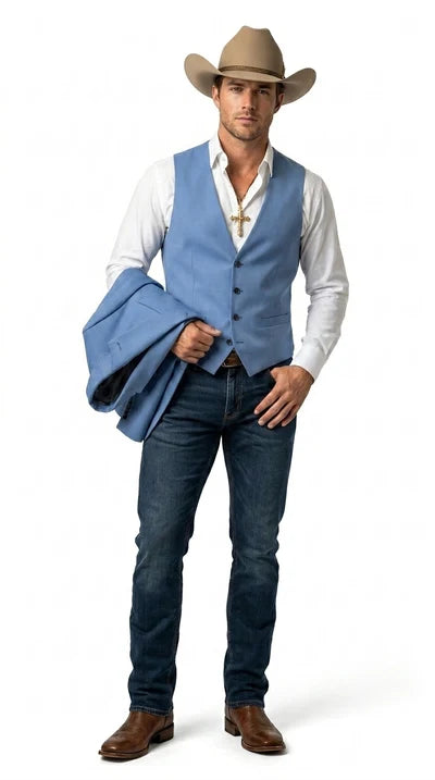 Mens Steel Blue Denim Color Western Blazer - Cowboy Jacket Country Look Matching Vest 2 Button Sport Coat