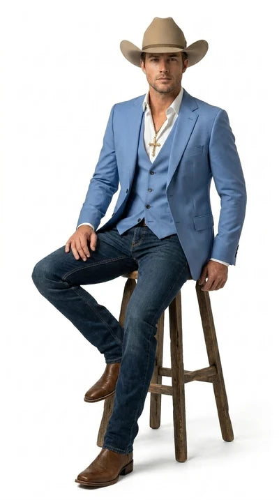 Mens Steel Blue Denim Color Western Blazer - Cowboy Jacket Country Look Matching Vest 2 Button Sport Coat