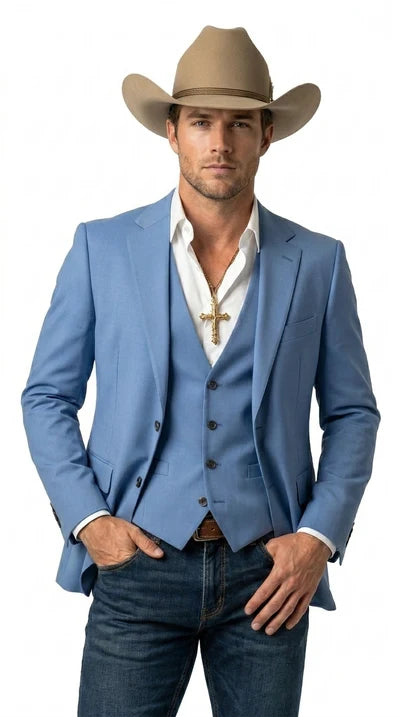 Mens Steel Blue Denim Color Western Blazer - Cowboy Jacket Country Look Matching Vest 2 Button Sport Coat