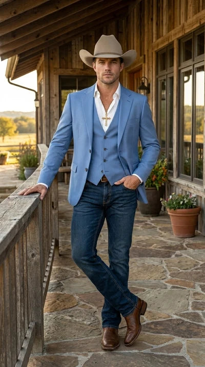 Mens Steel Blue Denim Color Western Blazer - Cowboy Jacket Country Look Matching Vest 2 Button Sport Coat