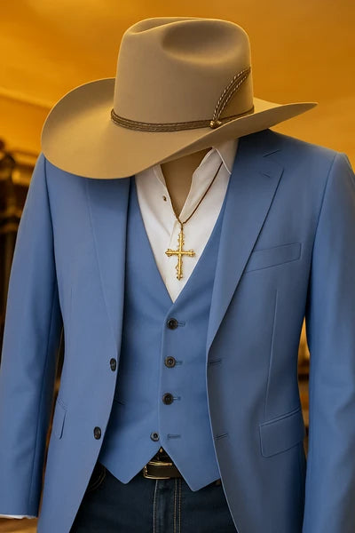 Mens Steel Blue Denim Color Western Blazer - Cowboy Jacket Country Look Matching Vest 2 Button Sport Coat