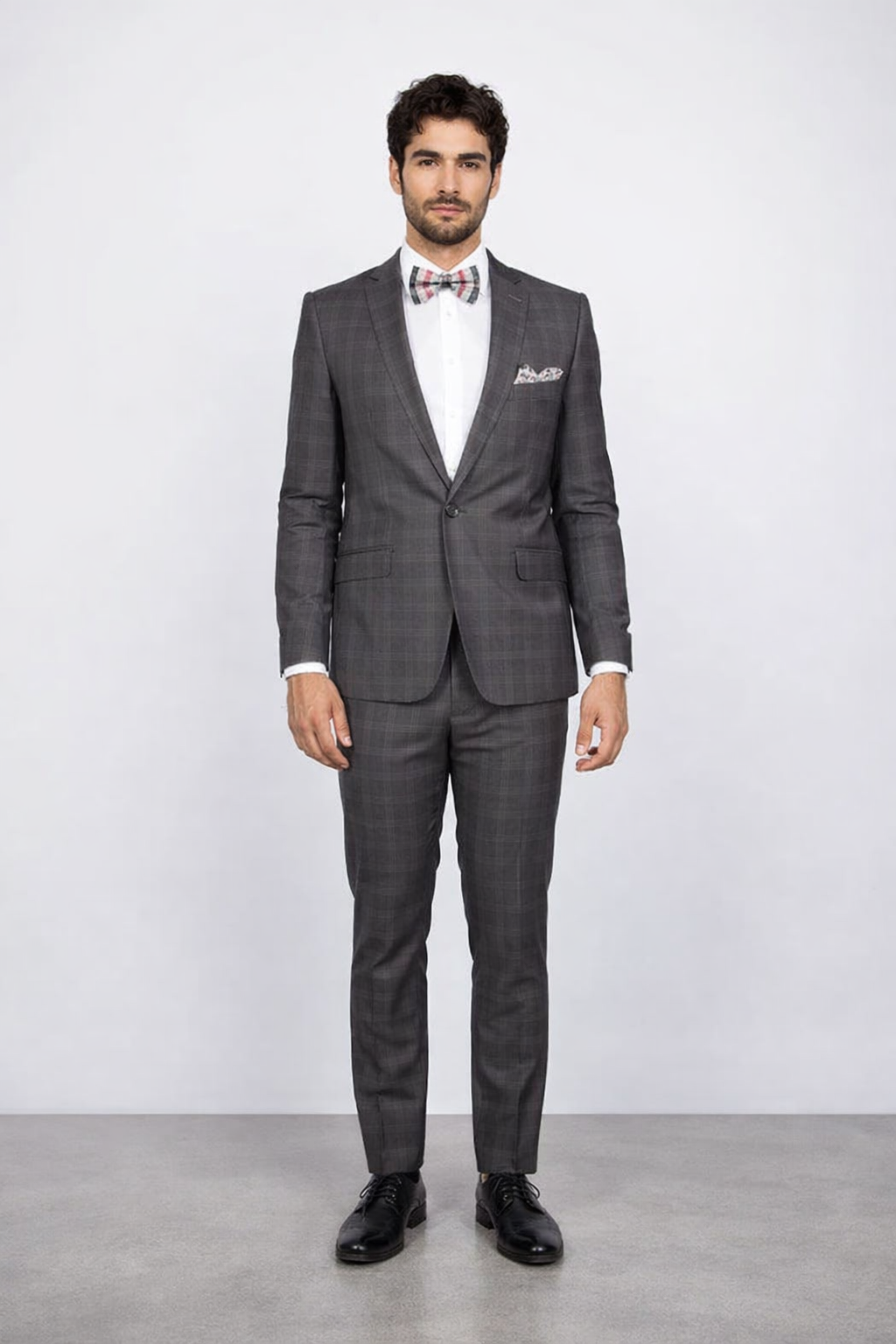Mens Slim Fit Charcoal Plaid Suit by Rossiman Rossi 1-Button Jacket & Tapered Pants
